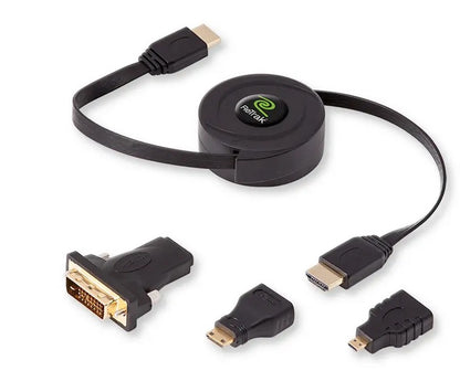 ReTrak Retractable HDMI Cable with HDMI C (Mini), HDMI D (Micro) and DVI Adapters (ETCABLEHDM) - PuriLite