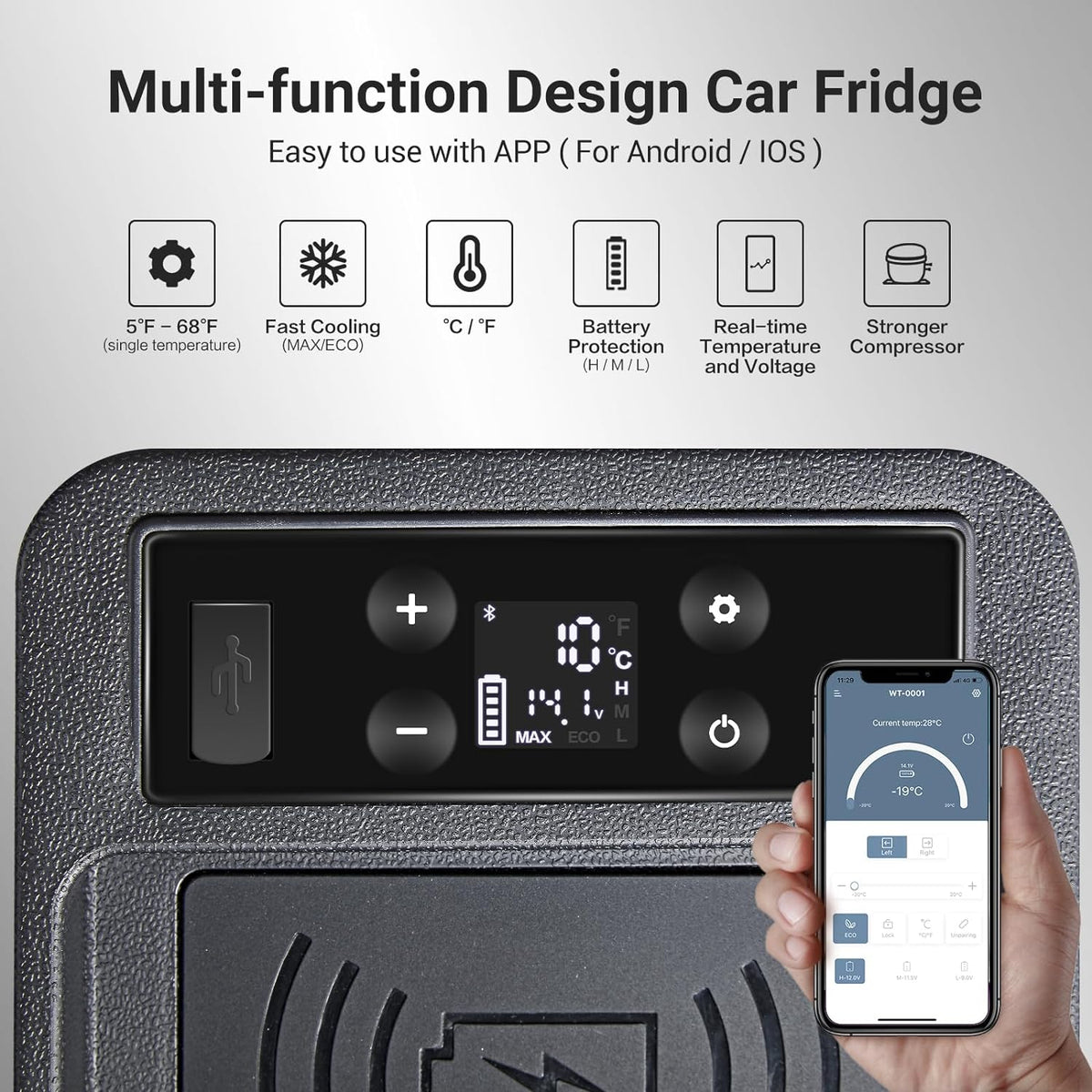 BODEGA 12V Truck Refrigerator,9 Quart Small Car Fridge,Camping Fridge WIFI Control,(5℉-68℉) Electric Car Cooler 12/24V DC for Camper,Travel,Boat,Van,SUV,Vehicles,Road Trip（Shoulder Hold Design） - PuriLite