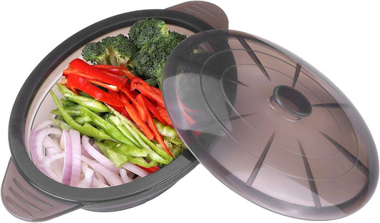Microwave Steamer Cooker Collapsible Bowl-Silicone Steamer Cookware with Handle Lid for Vegetables Fish Prep Meal Food with Removable Rack BPA Free, Easy to Store, Freezer & Dishwasher Safe - PuriLite