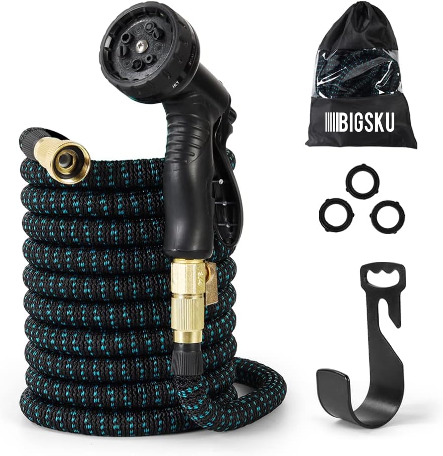 50FT Expandable lightweight Garden Hose - Flexible multifunction Outdoor Water Hose for Watering, Gardening, Cleaning, Washing - Plastic Nozzle, 8 Spray Modes - Double Latex Core with Rubber Seal, Strongest leakproof 3/4 durable Brass Connectors - PuriLite