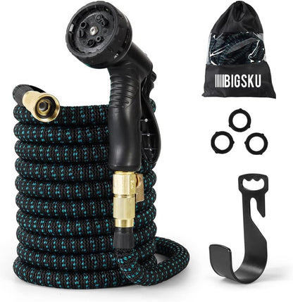 50FT Expandable lightweight Garden Hose - Flexible multifunction Outdoor Water Hose for Watering, Gardening, Cleaning, Washing - Plastic Nozzle, 8 Spray Modes - Double Latex Core with Rubber Seal, Strongest leakproof 3/4 durable Brass Connectors - PuriLite