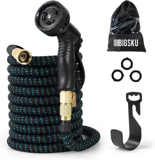 50FT Expandable lightweight Garden Hose - Flexible multifunction Outdoor Water Hose for Watering, Gardening, Cleaning, Washing - Plastic Nozzle, 8 Spray Modes - Double Latex Core with Rubber Seal, Strongest leakproof 3/4 durable Brass Connectors - PuriLite