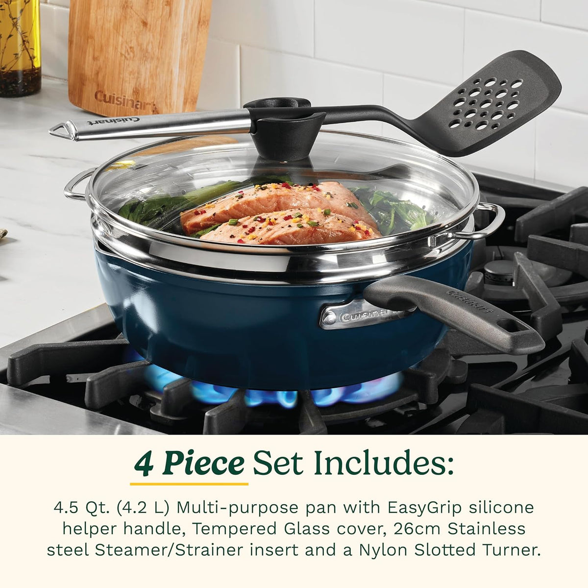 Cuisinart Multi-Purpose Non-Stick Pan, Includes 4.5 Qt. Pan w/Cover, Steamer, Slotted Turner (PP4-26NVC) - PuriLite