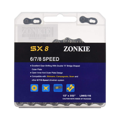 ZONKIE 6/7/8 Speed Bike Chain 1/2 X 3/32 Inch 116 Links - PuriLite