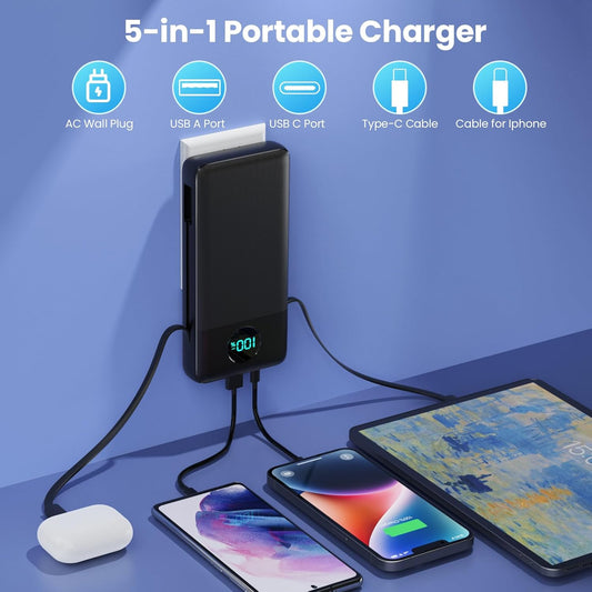 Portable Charger 33800mAh USB C Power Bank with Built-in Cables & AC Wall Plug,25W Fast Charging+QC 4.0 Phone Charger,4 Output LCD Display Battery Pack Compatible with iPhone16/15,Samsung,Android etc - PuriLite