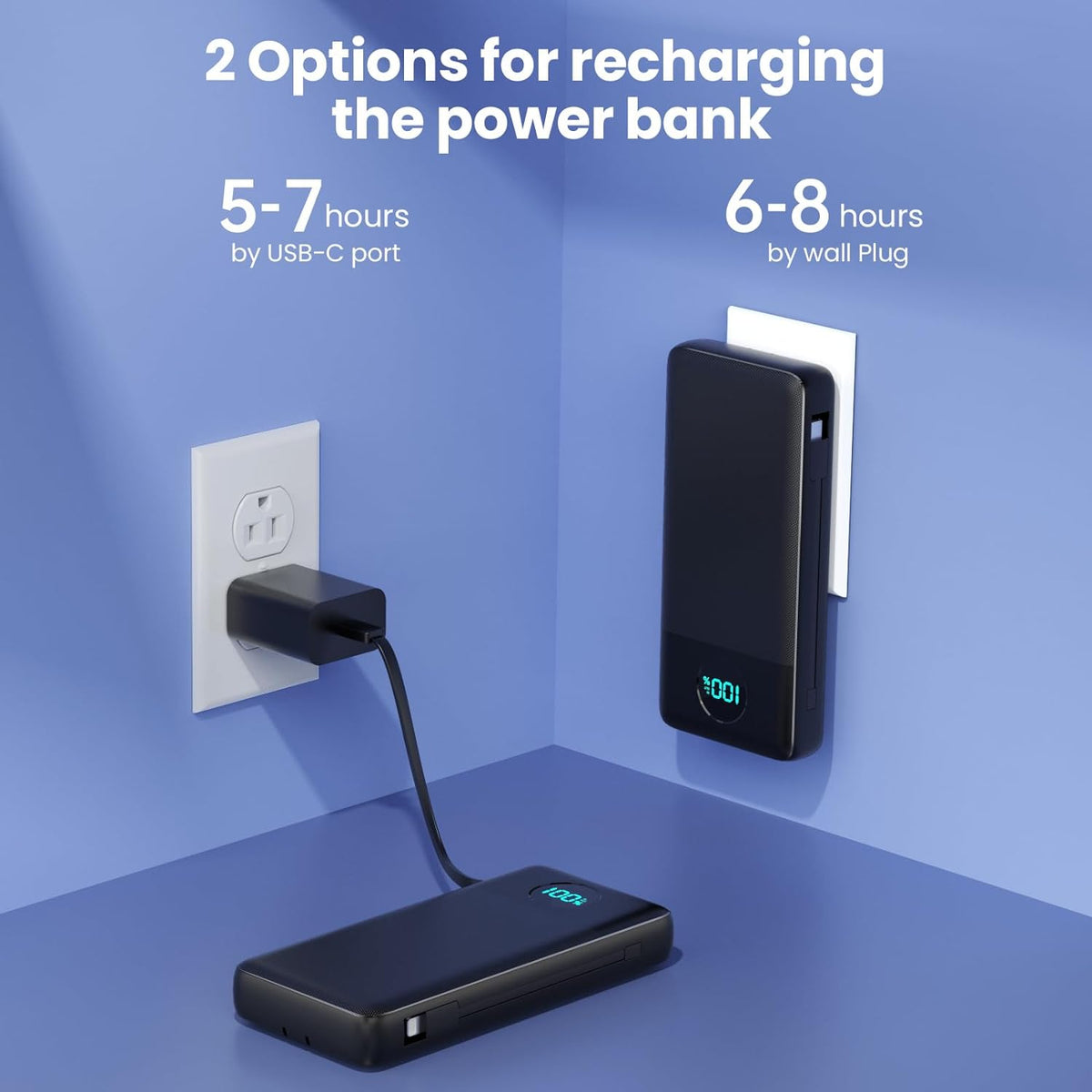 Portable Charger 33800mAh USB C Power Bank with Built-in Cables & AC Wall Plug,25W Fast Charging+QC 4.0 Phone Charger,4 Output LCD Display Battery Pack Compatible with iPhone16/15,Samsung,Android etc - PuriLite