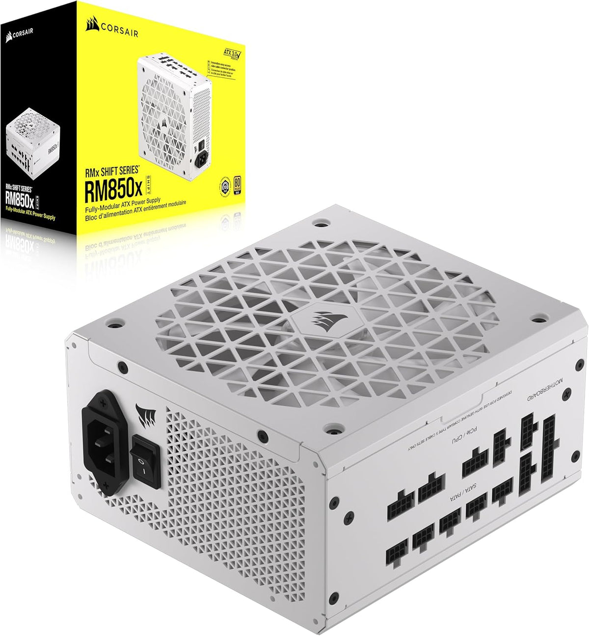 CORSAIR RM850x Shift Fully Modular ATX Power Supply - 80 Plus Gold - ATX 3.0 - PCIe 5.0 - Zero RPM - Modular Side Interface - White - PuriLite