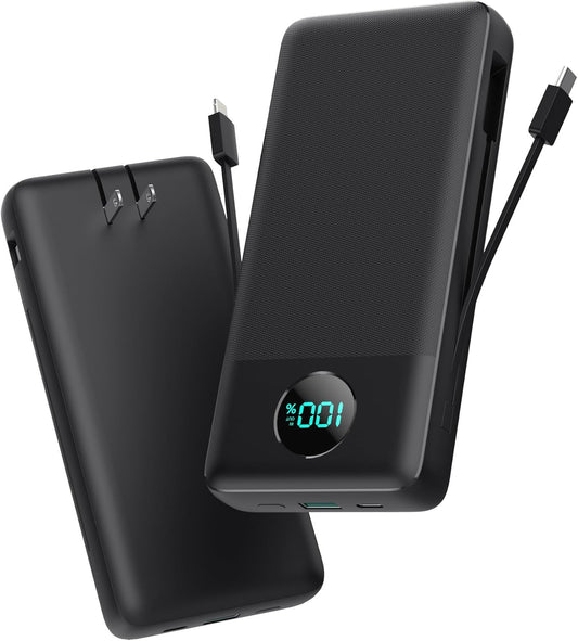 Portable Charger 33800mAh USB C Power Bank with Built-in Cables & AC Wall Plug,25W Fast Charging+QC 4.0 Phone Charger,4 Output LCD Display Battery Pack Compatible with iPhone16/15,Samsung,Android etc - PuriLite
