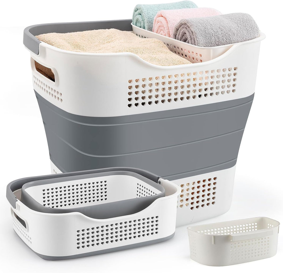 NINU Plastic Laundry Basket Set, Collapsible Storage Laundry Hamper - Foldable Laundry Basket for Washing & Storage 43L (grey) - PuriLite