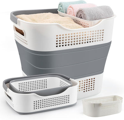 NINU Plastic Laundry Basket Set, Collapsible Storage Laundry Hamper - Foldable Laundry Basket for Washing & Storage 43L (grey) - PuriLite