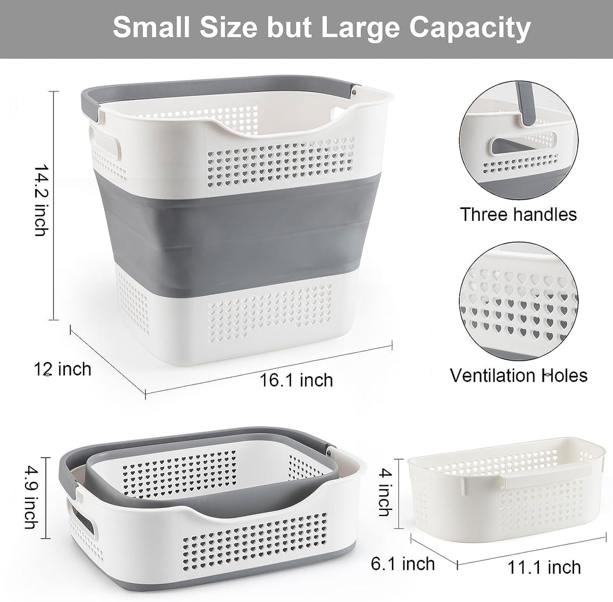 NINU Plastic Laundry Basket Set, Collapsible Storage Laundry Hamper - Foldable Laundry Basket for Washing & Storage 43L (grey) - PuriLite