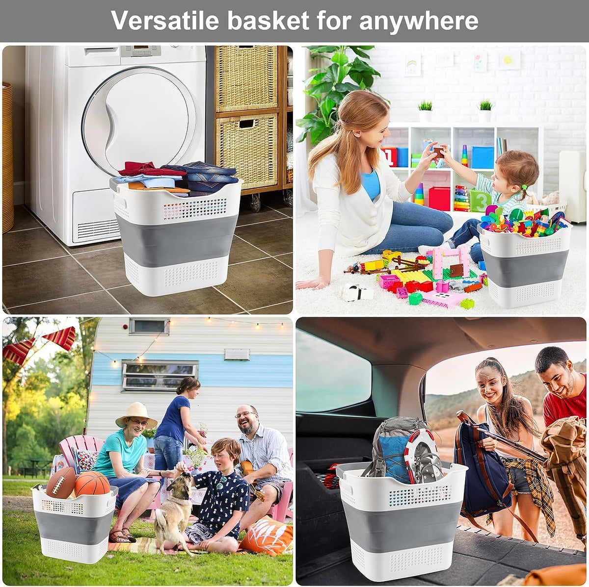 NINU Plastic Laundry Basket Set, Collapsible Storage Laundry Hamper - Foldable Laundry Basket for Washing & Storage 43L (grey) - PuriLite