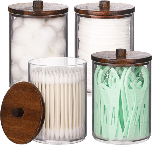 Tbestmax 4 Pack Qtip Holder Bathroom Set, 10 oz Restroom Bathroom Organizers and Storage Containers, Clear Plastic Apothecary Jars with Wood Lids for Cotton Ball, Cotton Swab, Floss - PuriLite
