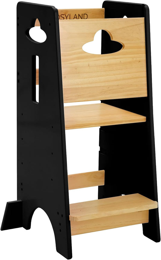 COSYLAND Toddler Standing Tower Adjustable Height - Wooden Sturdy Kitchen Step Stool - 3 Levels Adjustable Kids Learning Stool Kitchen Nursery Helper Stand (Wooden and Black) - PuriLite
