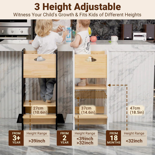 COSYLAND Toddler Standing Tower Adjustable Height - Wooden Sturdy Kitchen Step Stool - 3 Levels Adjustable Kids Learning Stool Kitchen Nursery Helper Stand (Wooden and Black) - PuriLite