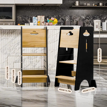 COSYLAND Toddler Standing Tower Adjustable Height - Wooden Sturdy Kitchen Step Stool - 3 Levels Adjustable Kids Learning Stool Kitchen Nursery Helper Stand (Wooden and Black) - PuriLite