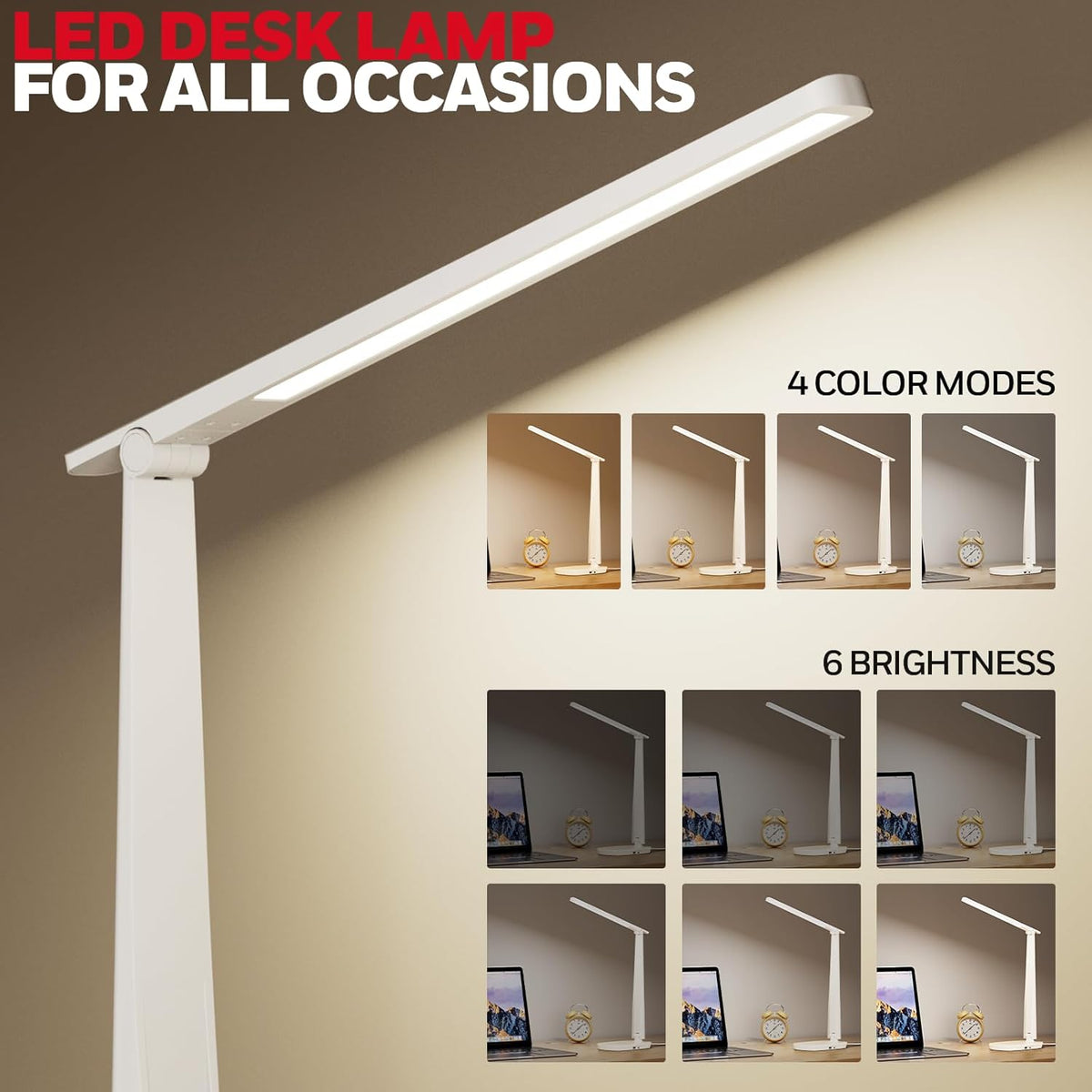 Honeywell LED Desk Lamp for Home Office, Dimmable Desk Light with USB A+C Dual Charging, 4 Modes Brightness Touch Lamp with Timer, Eye Caring Foldable Reading Light, Table Lamp for Study Nightstand - PuriLite
