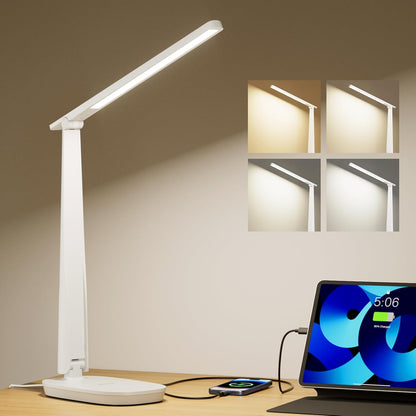 Honeywell LED Desk Lamp for Home Office, Dimmable Desk Light with USB A+C Dual Charging, 4 Modes Brightness Touch Lamp with Timer, Eye Caring Foldable Reading Light, Table Lamp for Study Nightstand - PuriLite