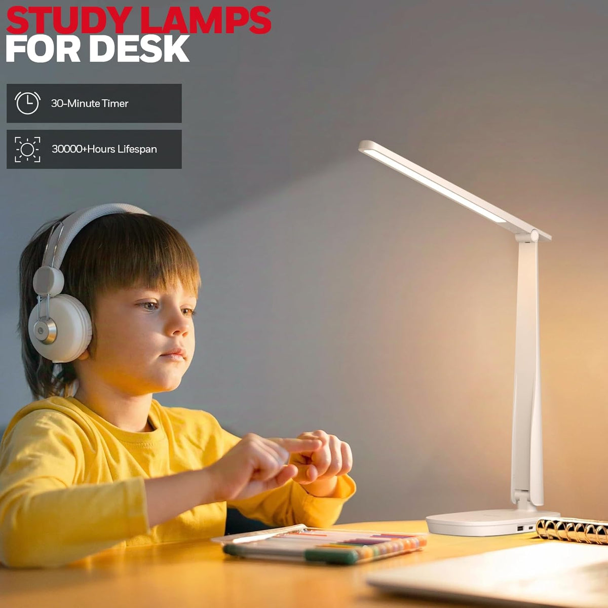 Honeywell LED Desk Lamp for Home Office, Dimmable Desk Light with USB A+C Dual Charging, 4 Modes Brightness Touch Lamp with Timer, Eye Caring Foldable Reading Light, Table Lamp for Study Nightstand - PuriLite