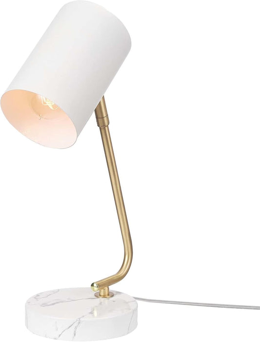 Novogratz x Globe Electric 65784 Athena 15" Desk Lamp, White Shade, Brass Arm, White Faux Marble Base - PuriLite