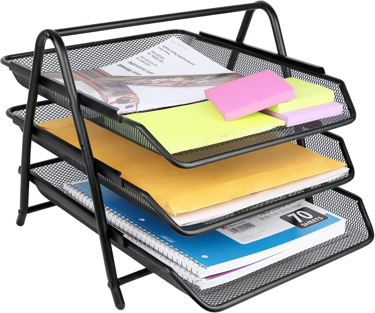 Greenco Letter Tray Desk Organizer, 3-Tier Mesh Paper Tray, Document, Letter, Office Paper Organizer, Black - PuriLite
