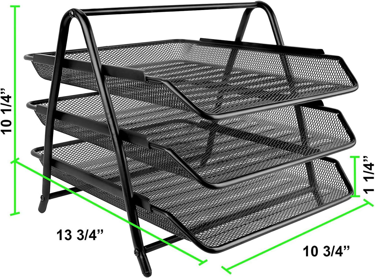 Greenco Letter Tray Desk Organizer, 3-Tier Mesh Paper Tray, Document, Letter, Office Paper Organizer, Black - PuriLite