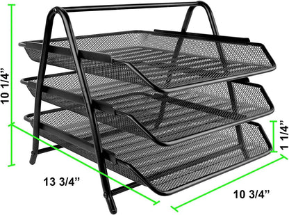 Greenco Letter Tray Desk Organizer, 3-Tier Mesh Paper Tray, Document, Letter, Office Paper Organizer, Black - PuriLite