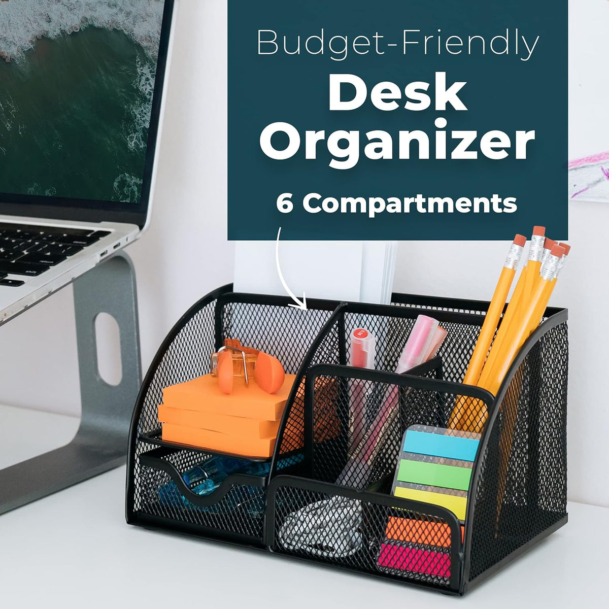 Greenco Mesh Desk Organizer Office Supplies Caddy, 6 Compartments - Black - PuriLite
