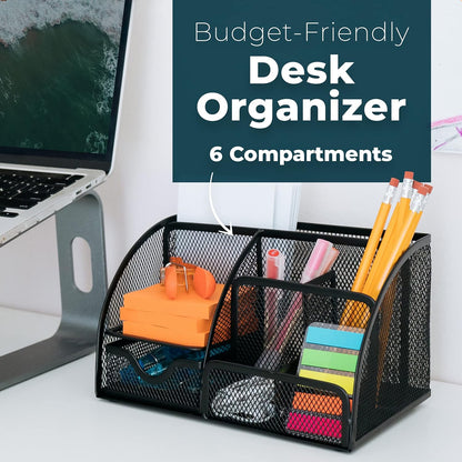 Greenco Mesh Desk Organizer Office Supplies Caddy, 6 Compartments - Black - PuriLite