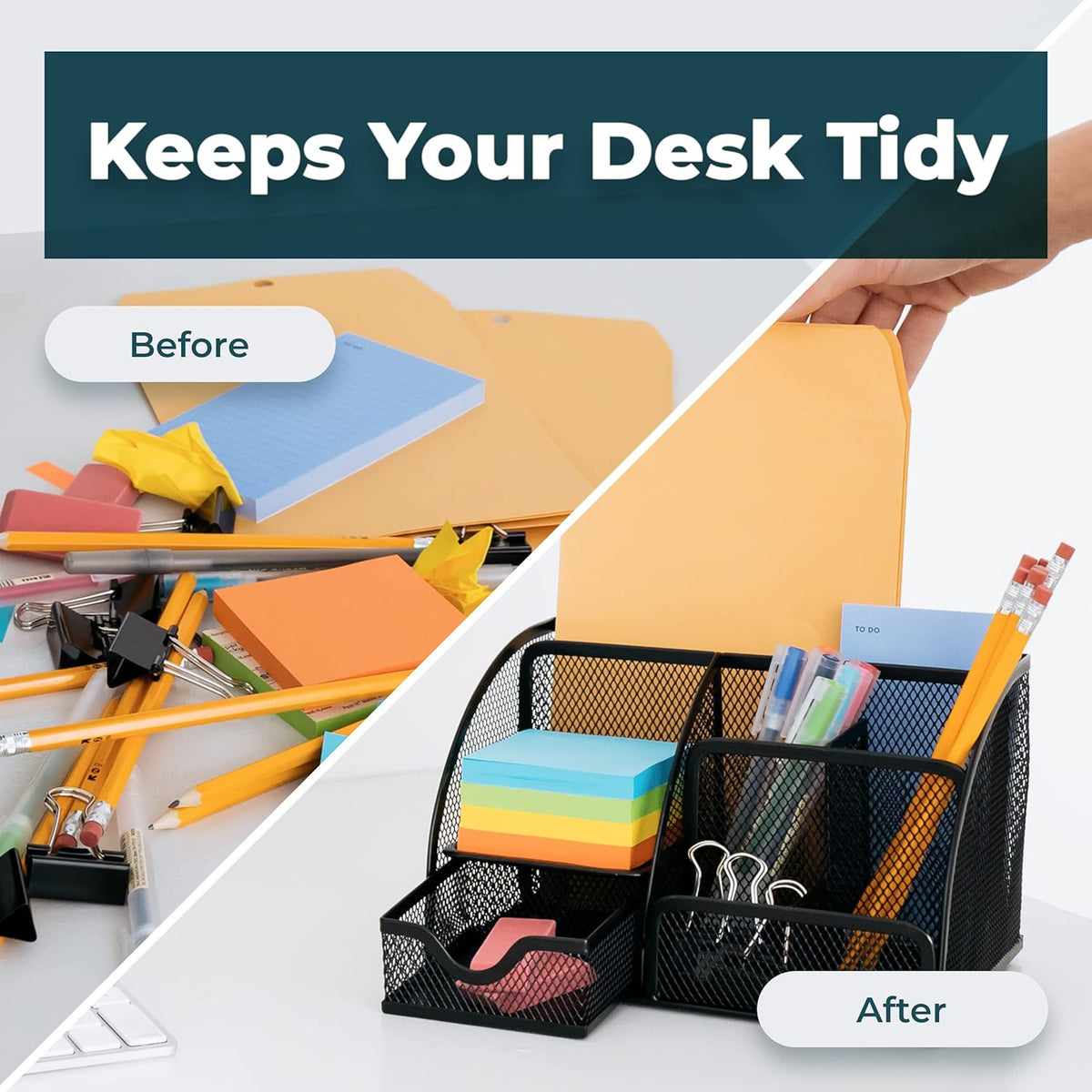 Greenco Mesh Desk Organizer Office Supplies Caddy, 6 Compartments - Black - PuriLite