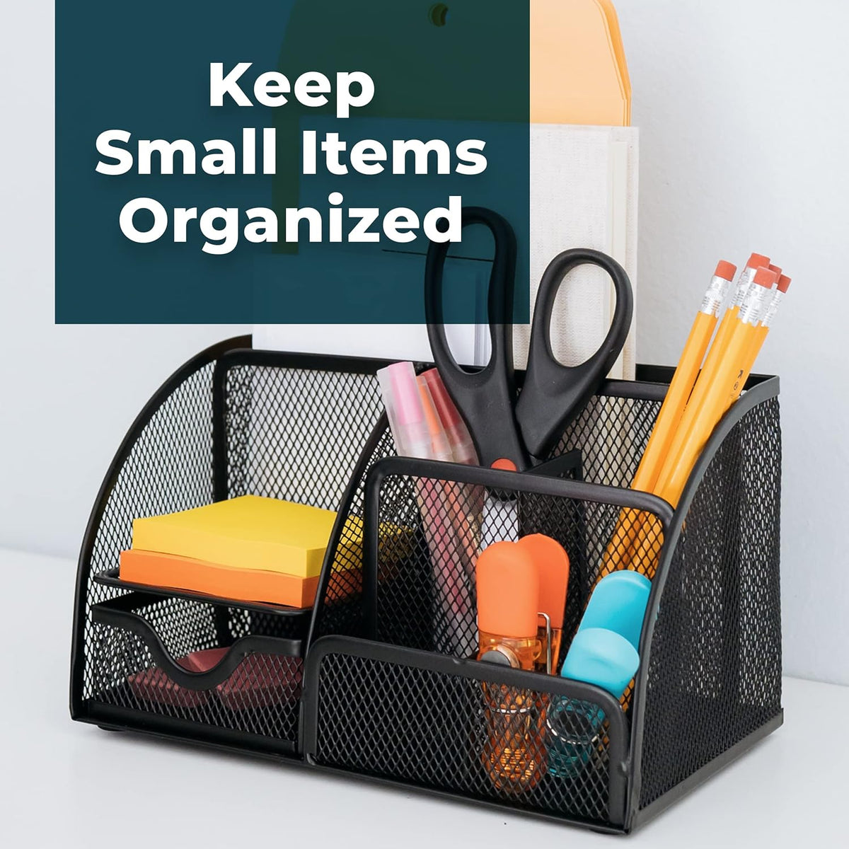Greenco Mesh Desk Organizer Office Supplies Caddy, 6 Compartments - Black - PuriLite