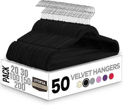 Utopia Home Pack of 50 Premium Non Slip Velvet Hangers 360 Degree rotatable Hook Durable & Slim Coat - Pant Hangers - Black - PuriLite