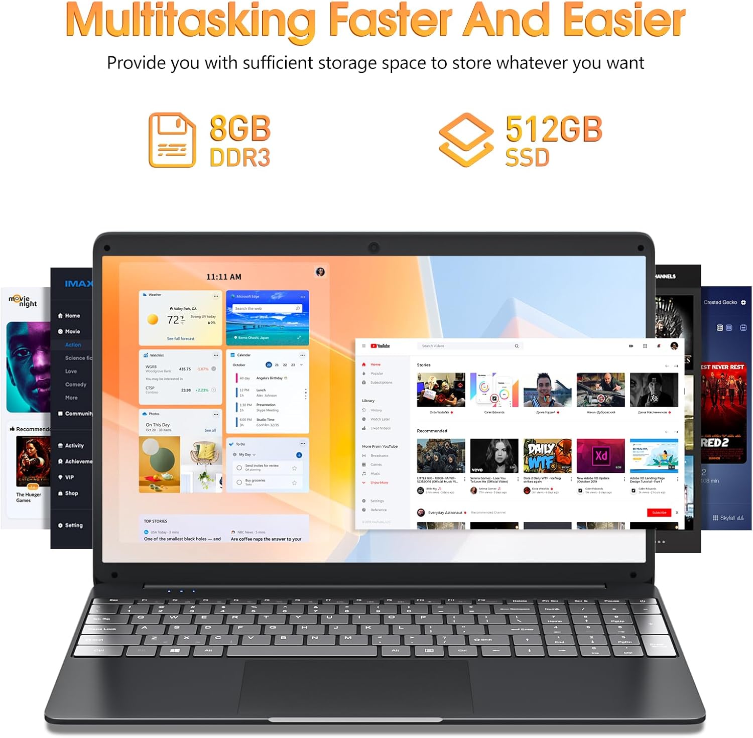 SGIN Laptop, 15.6 Inch Laptops Computer with 8GB DDR3 512GB SSD I3 Processor, Windows 11 Home, HDMI, Wi-Fi 5, 7000mAh, Numeric Keypad, USB3.0, Bluetooth4.2, Type-C(Black) - PuriLite