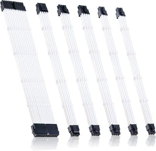 Braided ATX Sleeved Cable Extension Kit for Power Supply Cable Kit, PSU Connectors, 24 Pin, 8 Pin, 6 Pin 4 + 4 Pin, 6 Pack, with Cable Comb 24 Pieces Set 24-Pin, 8-Pin, 6-Pin (White) - PuriLite