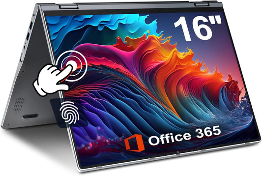 jumper 16 inch Convertible Laptop, 2 in 1 Laptop Computer with IPS FHD 360 Degree Touchscreen, 16GB DDR4, 640GB Storage, Fingerprint Reader, Backlit Keyboard, 1 Year Office 365, 53.2WH, Wi-Fi 6 - PuriLite