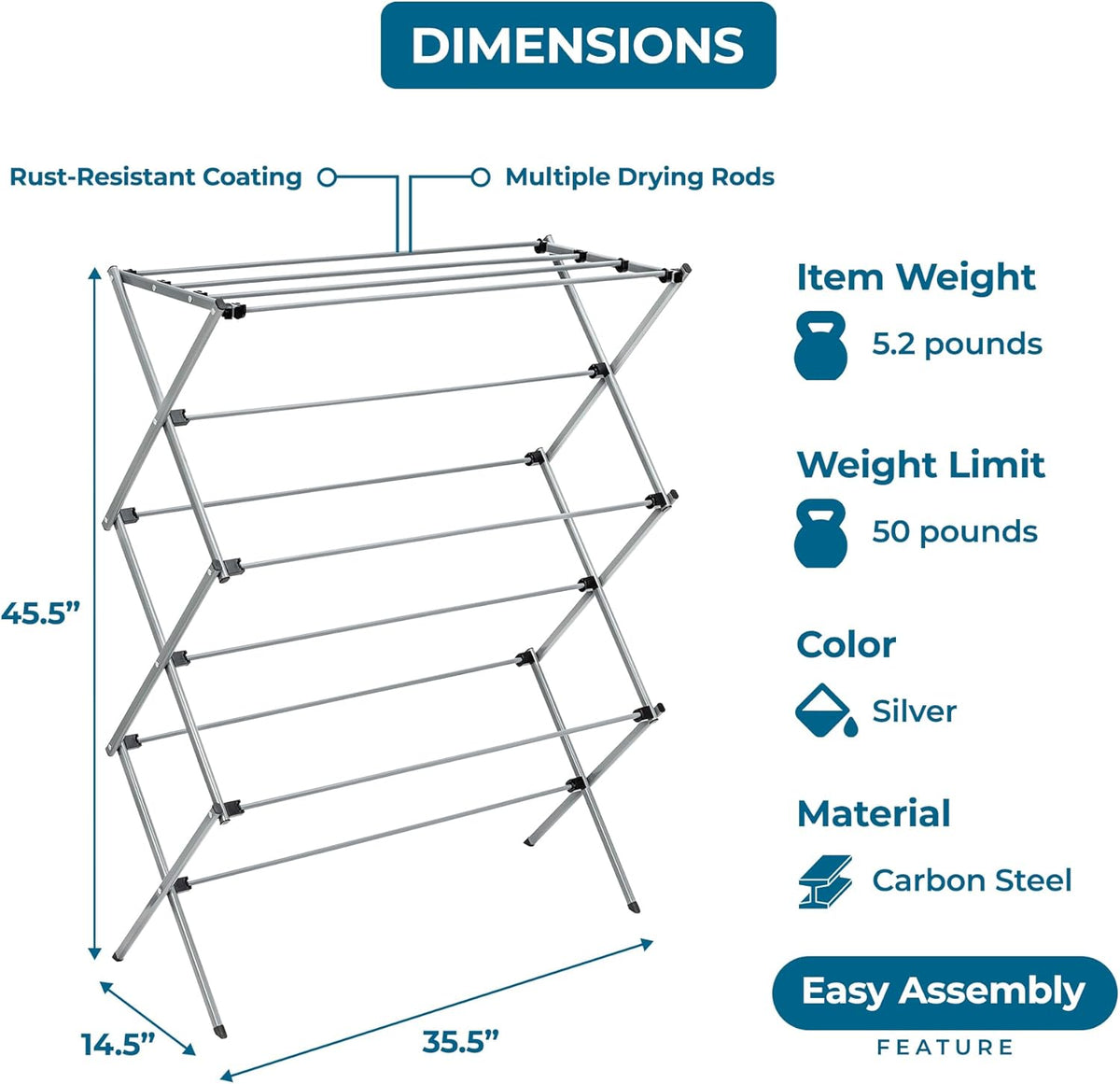 Honey-Can-Do Oversize Collapsible Clothes Drying Rack DRY-09066 Silver, 50 lbs - PuriLite