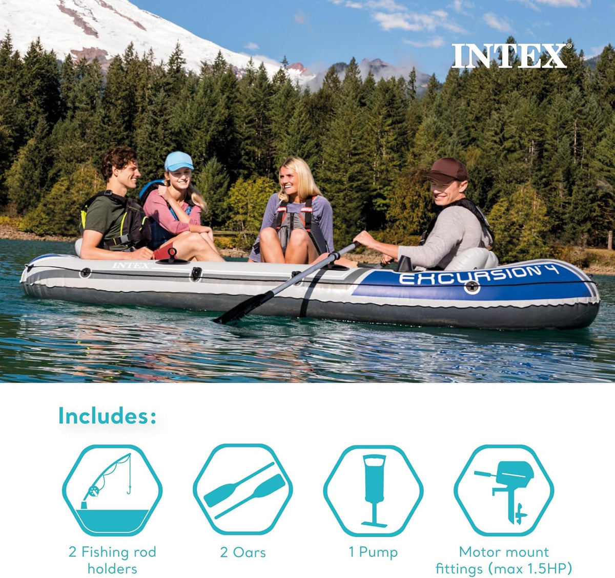 INTEX Excursion Inflatable Boat Series: Includes Deluxe 54in Boat Oars and High-Output Pump – SuperTough PVC – Adjustable Seats with Backrest – Fishing Rod Holders – Welded Oar Locks - PuriLite
