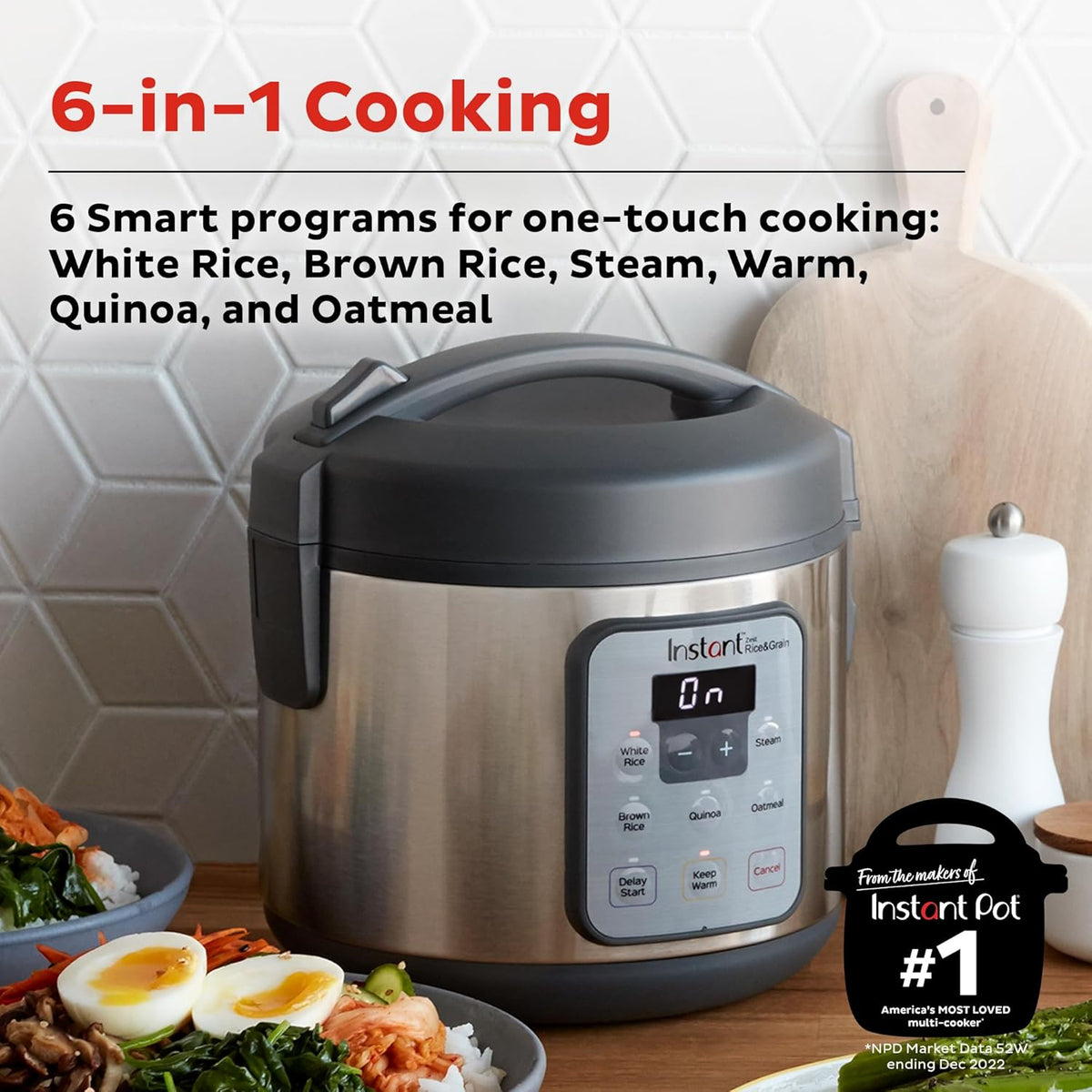 Instant Zest 8 Cup Rice Cooker, Steamer, Cooks Rice, Grains, Quinoa and Oatmeal, No Pressure Cooking Functionality - PuriLite