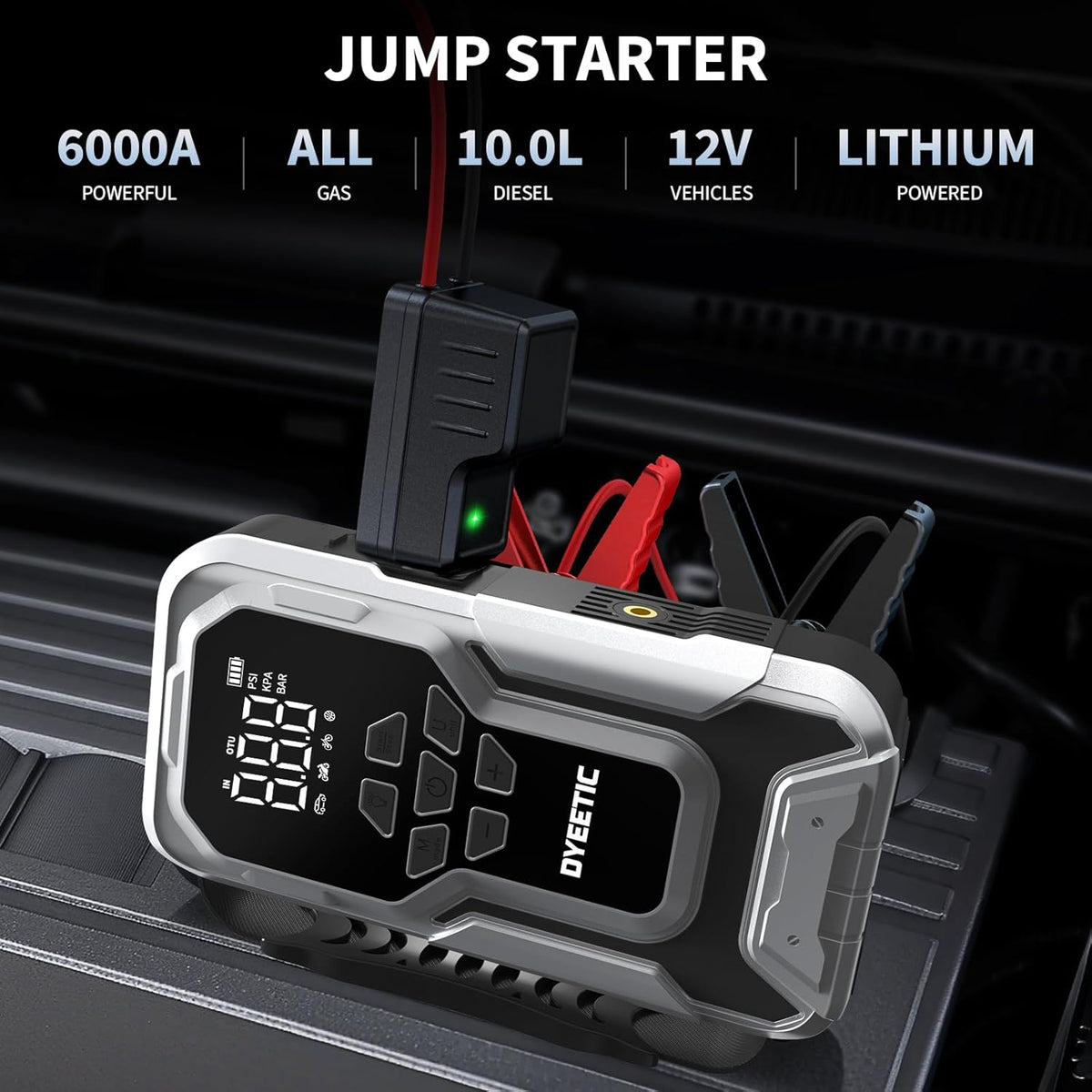 Portable Car Jump Starter with Air Compressor – 6000A 12V Jump Box – 150 PSI Tire Inflator – 21800mAh Power Bank – Digital Display & Smart Jumper Cables - PuriLite