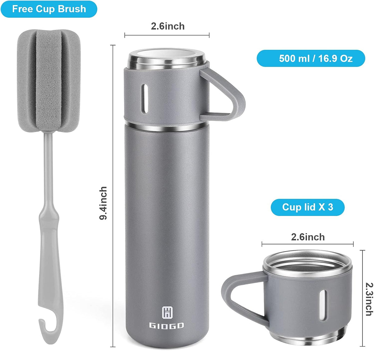 Stainless Steel Thermo 500ml/16.9oz Vacuum Insulated Bottle with Cup for Coffee Hot Drink and Cold Drink Water Flask.(Gray,Set) - PuriLite