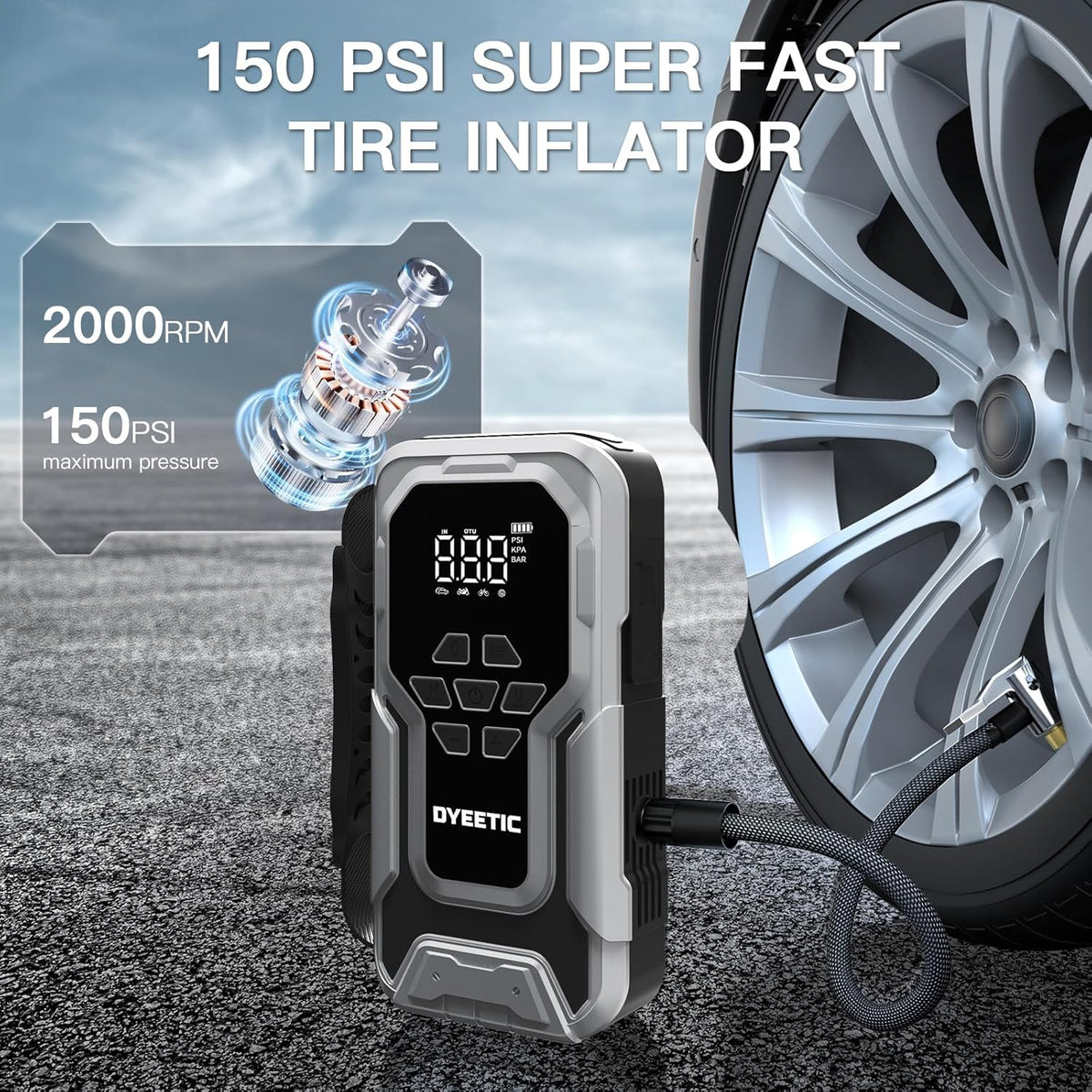 Portable Car Jump Starter with Air Compressor – 6000A 12V Jump Box – 150 PSI Tire Inflator – 21800mAh Power Bank – Digital Display & Smart Jumper Cables - PuriLite
