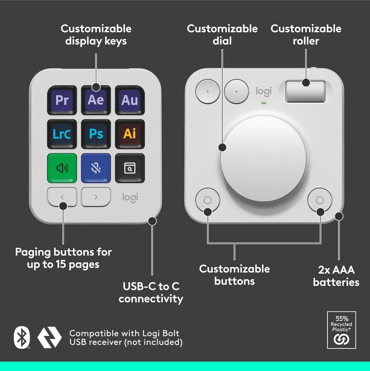 Logitech MX Creative Console - 9 Customizable LCD Keys, Control Dial for Graphic Design, Video Editing, Control Adobe, Zoom, Spotify and more - Pale Grey, With 3-months Adobe Creative Cloud membership - PuriLite