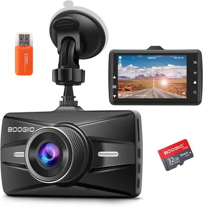 Dash Cam Front with 32G SD Card, BOOGIIO 1080P FHD Car Driving Recorder 3'' IPS Screen 170°Wide Angle Dashboard Camera Aluminum Alloy Case, WDR G-Sensor Parking Monitor Loop Recording Motion Detection - PuriLite