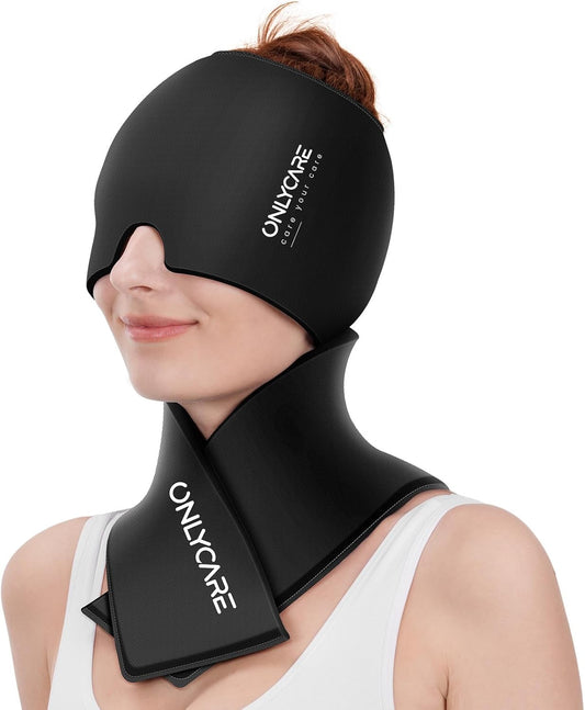 ONLYCARE Migraine Relief Cap and Neck Ice Pack Wrap Gel Set, Upgrade Soothing Headache Relief Cap and Shoulder Cold Pack, Hot and Cold Compress, Relief of Pain, Swelling, Office Pressure (Black) - PuriLite