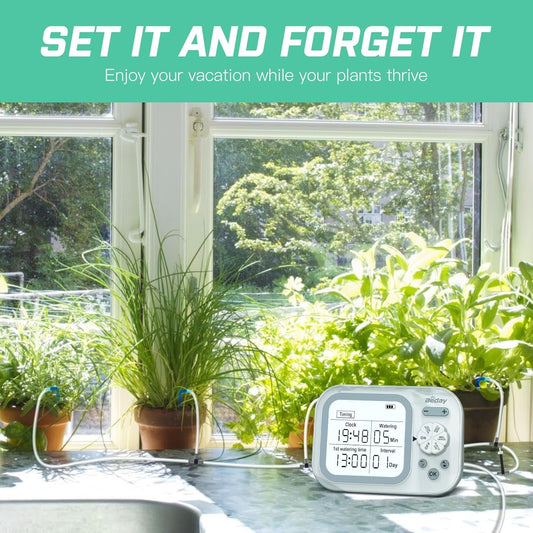 Automatic Drip Irrigation Kit - Automatic Plant Waterer - Drip Irrigation System - Self Watering System for 15 Potted Plants - Programmable Water Timer with Smart Humidity Detection - PuriLite