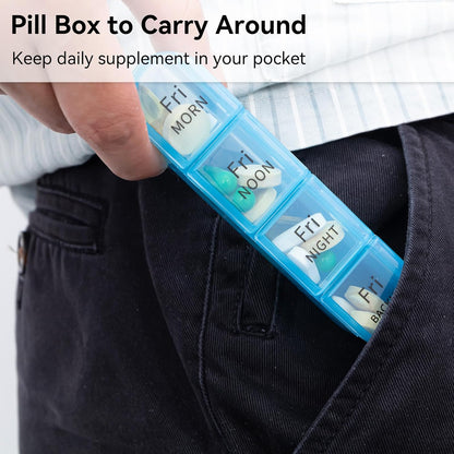Weekly Pill Organizer 4 Times a Day, Travel Pill Case, Large Medicine Organizer 7 Day, Daviky Daily Box Container with 28 Compartments to Hold Vitamins, Medication - PuriLite