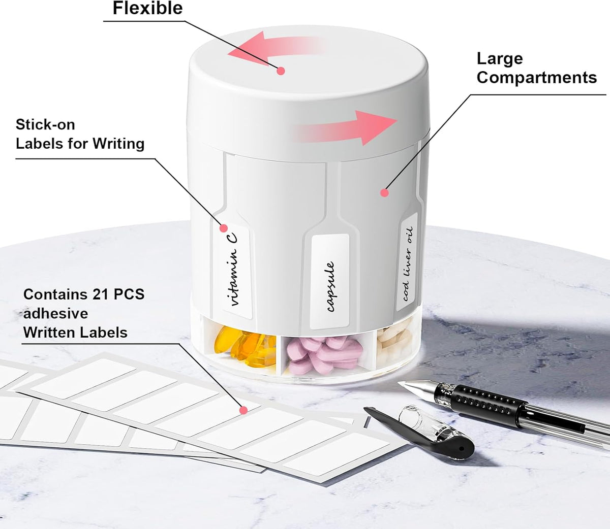 Extra Large Supplement Organizer, Betife Moisture-Proof Jumbo Pill Dispenser with 7 Large Compartments, Pill Boxes and Organizer to Hold Monthly Vitamin or Medication (White) - PuriLite