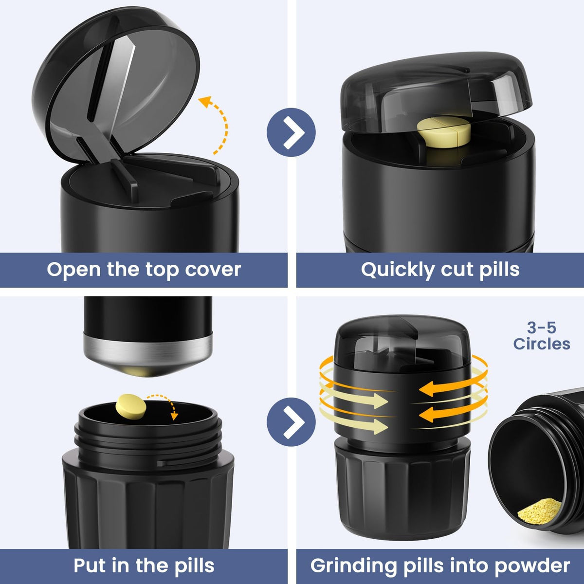Renmingfed 3-in-1 Pill Crusher Pill Cutter with Storage Box，Pill Grinder with Stainless Steel Grinding Pestle, Pill Crusher Fine Powder, Pill Crushers for Elderly and Pets - PuriLite