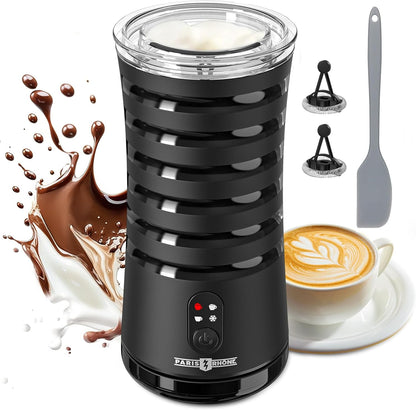 Paris Rhône Milk Frother, 4 in 1, Non-Slip, Hot & Cold Milk Steamer, Auto Shut-Off, Black, Plastic, Electric, Stylish, Eiffel Tower Design - PuriLite