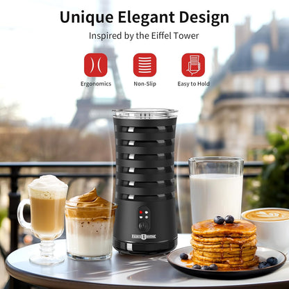 Paris Rhône Milk Frother, 4 in 1, Non-Slip, Hot & Cold Milk Steamer, Auto Shut-Off, Black, Plastic, Electric, Stylish, Eiffel Tower Design - PuriLite
